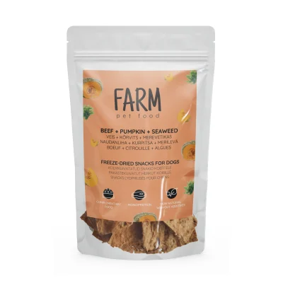 Farm Pet Food Naturaalsed külmkuivatatud snäkid koertele, 80g, Veis, kõrvits, merevetikas, Koerland