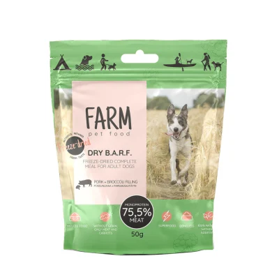 Farm Pet Food DRY BARF külmkuivatatud lihapallid 50g, Sealiha ja brokkol, Koerland