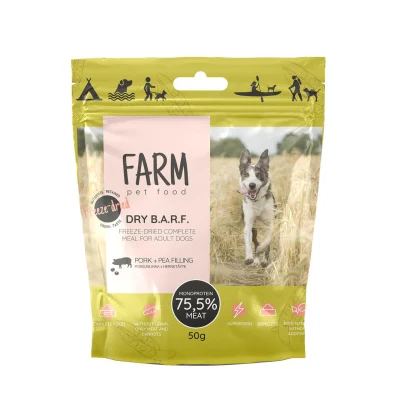 Farm Pet Food DRY BARF külmkuivatatud lihapallid 50g, Sealiha ja hernes, Koerland