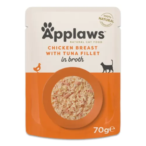 Applaws Kassitoit einekotikeses, 70 g, Kana ja tuunikala puljongis