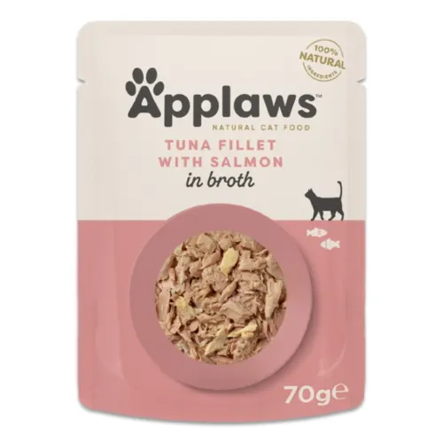 Applaws Kassitoit einekotikeses, 70 g, Tuunikala ja lõhe puljongis