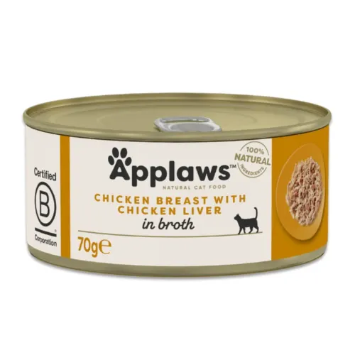 Applaws Kassikonserv 70 g, Kana ja kanamaks puljongis