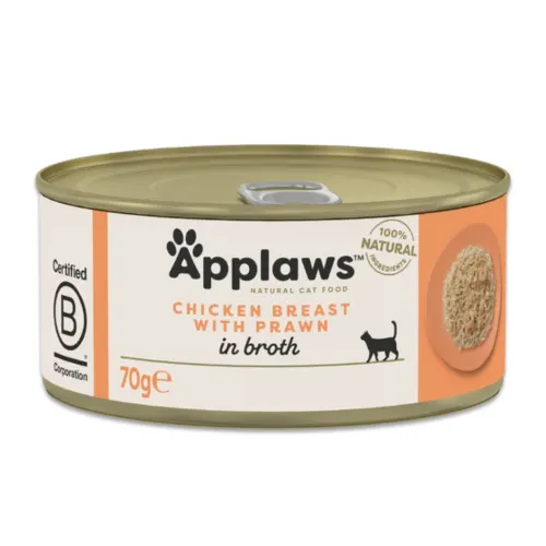 Applaws Kassikonserv 70 g, Kana ja krevetid puljongis
