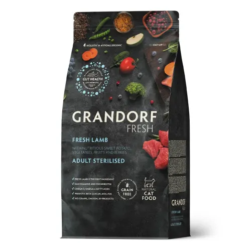 Grandorf Cat Fresh teraviljavaba kasside kuivtoit bataadiga, Lambaliha, Steriliseeritud kassid, 2 kg