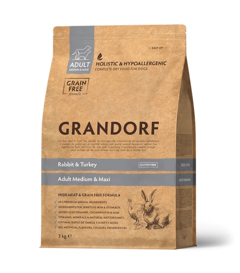 Grandorf Kvaliteetne koeratoit täiskasvanud keskmistele ja suurtele koertele Jänese- ja kalkunilihaga, 1 kg - image 1 of 1